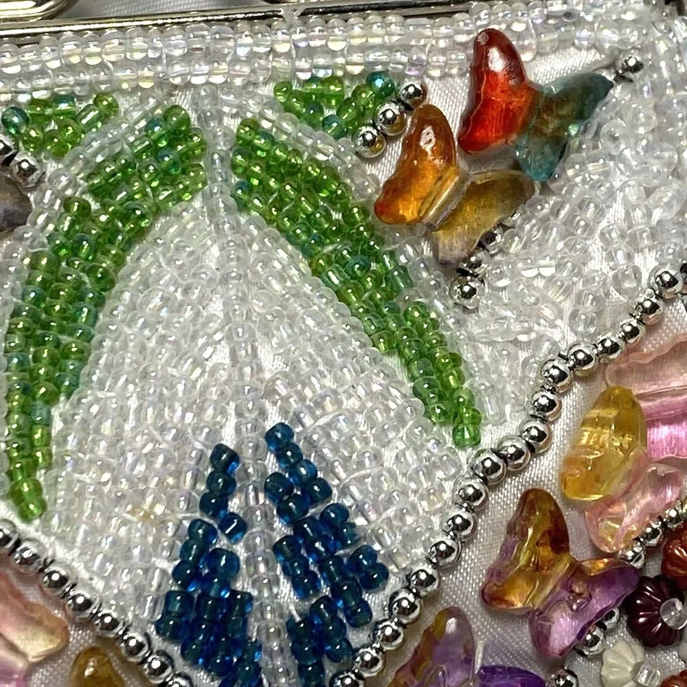 Cross Shoulder Bead Rhinestone Coin Purse Kiss-Lock Frame Vintage Butterflies